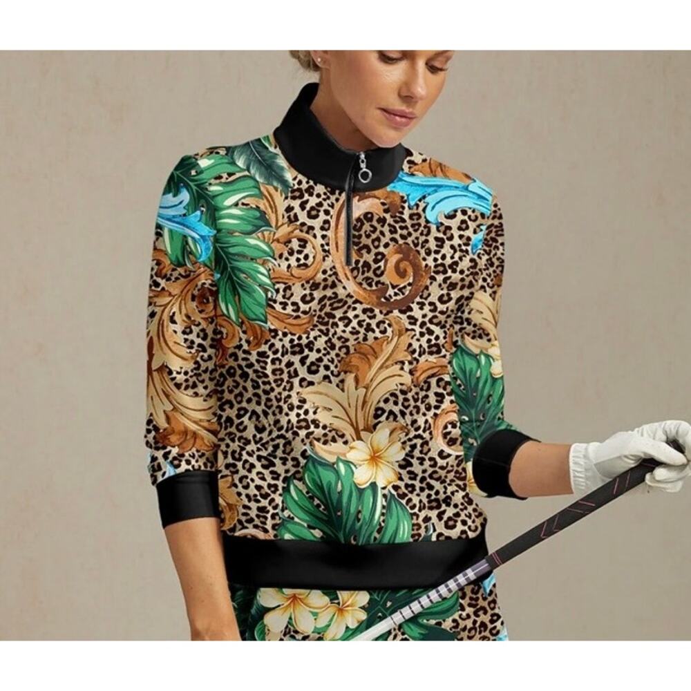 AceGolfs Wildlife Party Golf Sweatshirt Amimal Foral Print Brown UPF 50+ S NWT